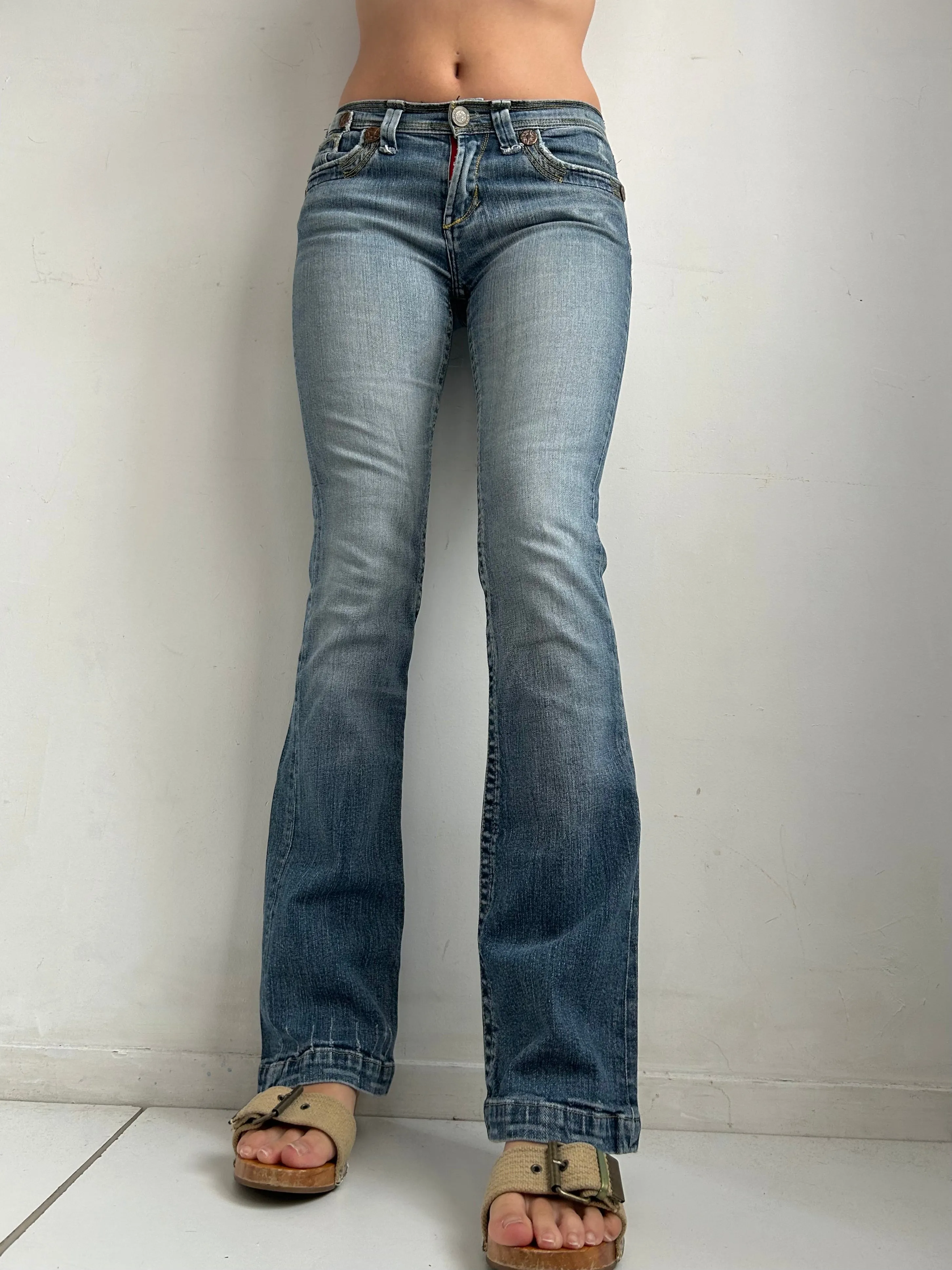 Blue denim low waist 90s vintage flare bootcut pants (S)