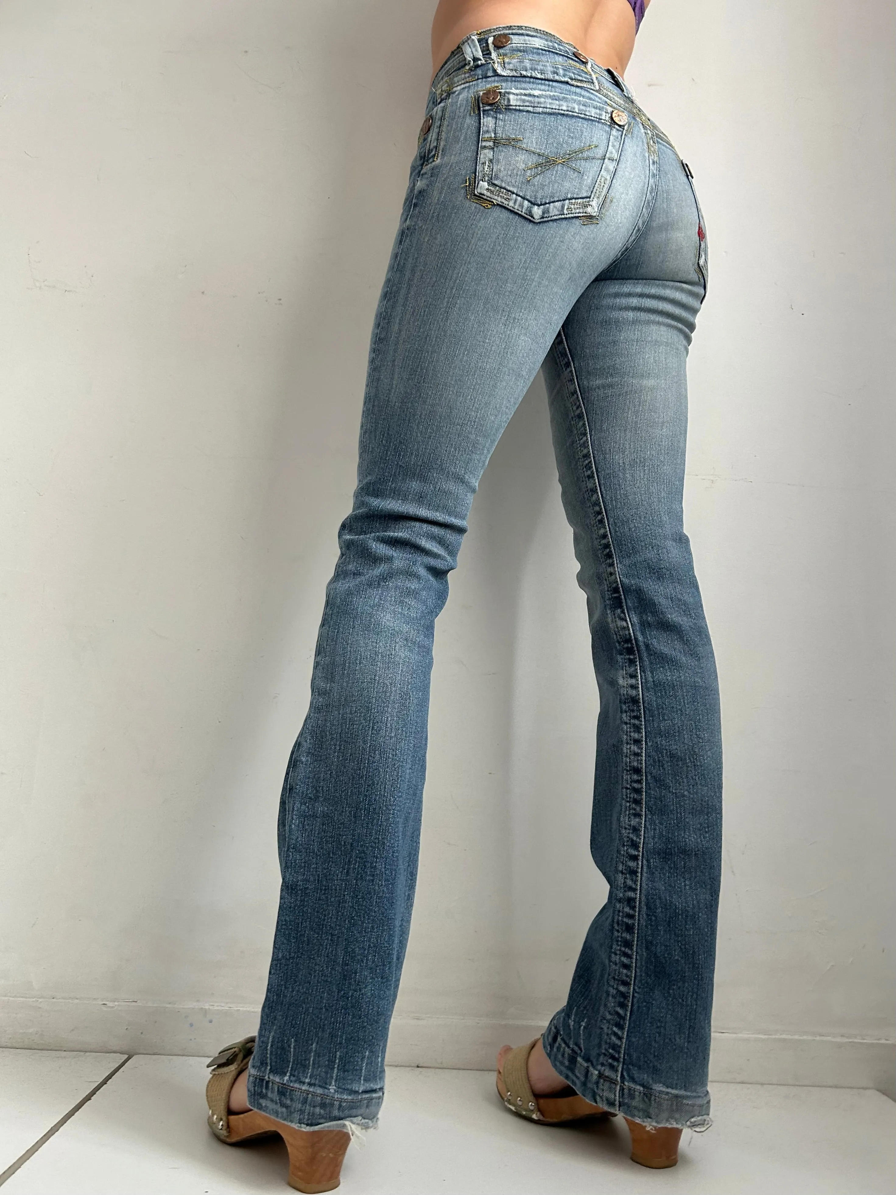Blue denim low waist 90s vintage flare bootcut pants (S)