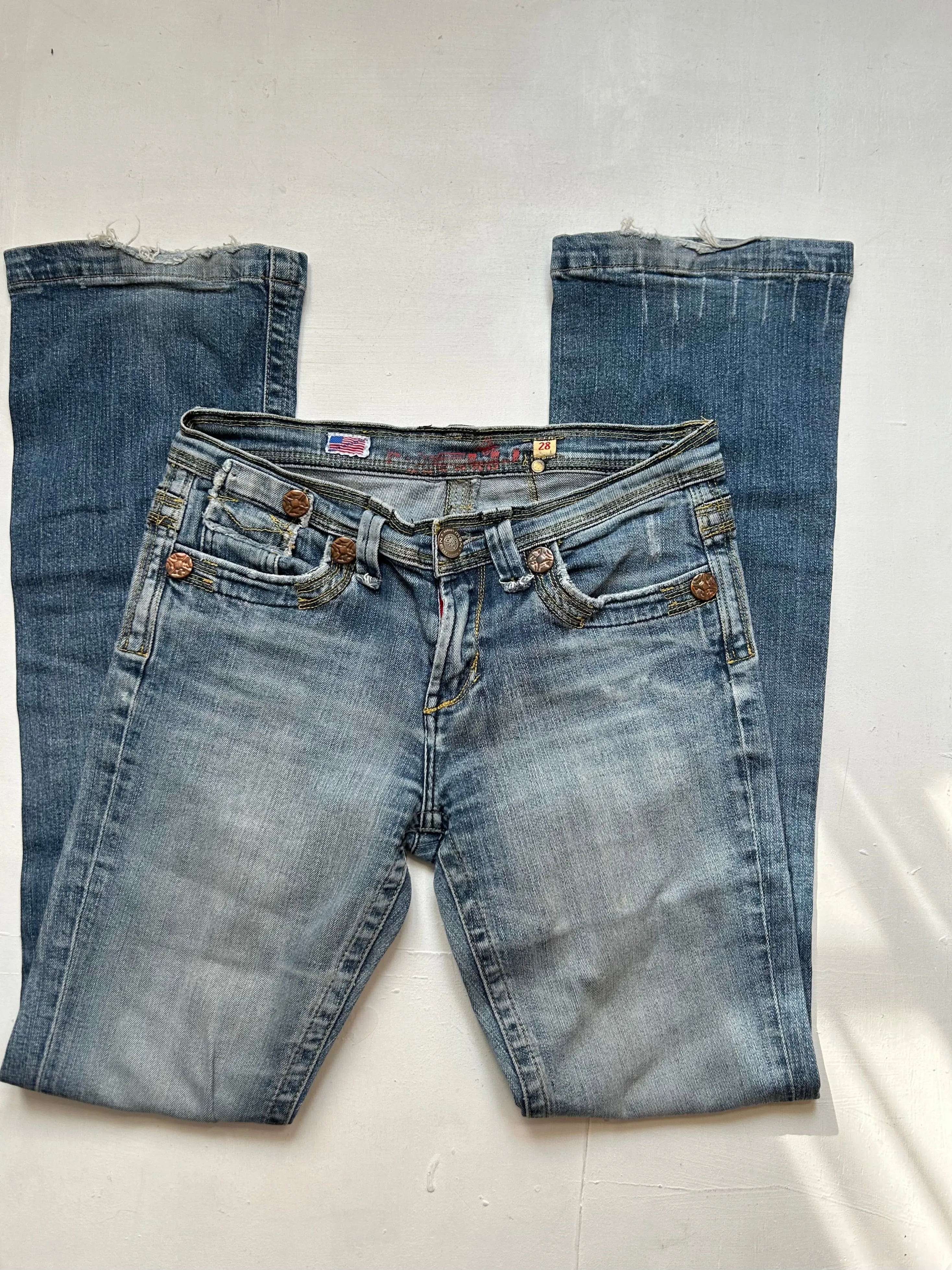 Blue denim low waist 90s vintage flare bootcut pants (S)