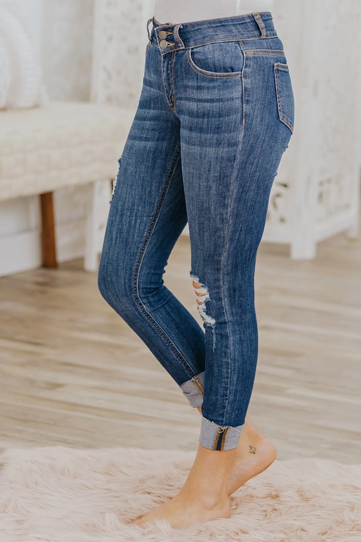 Chandra Cello Mid Rise 2 Button Dark Wash Distressed Rolled Hem Crop Skinny Jeans