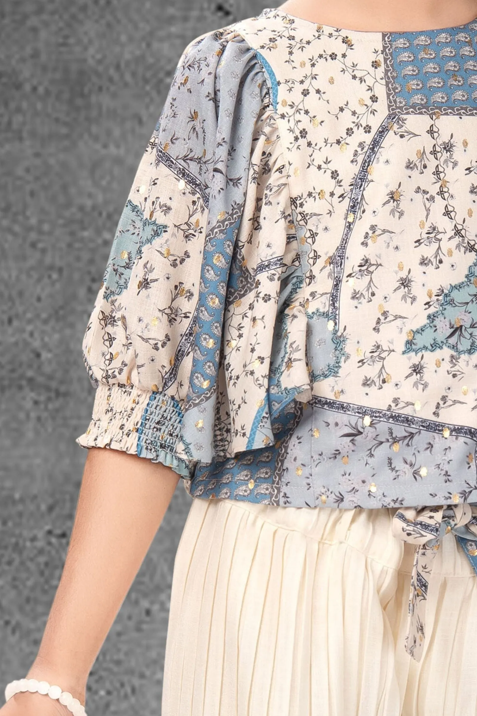 Cream with Blue  Printed Kaftan Top with Palazzo Set for Girls