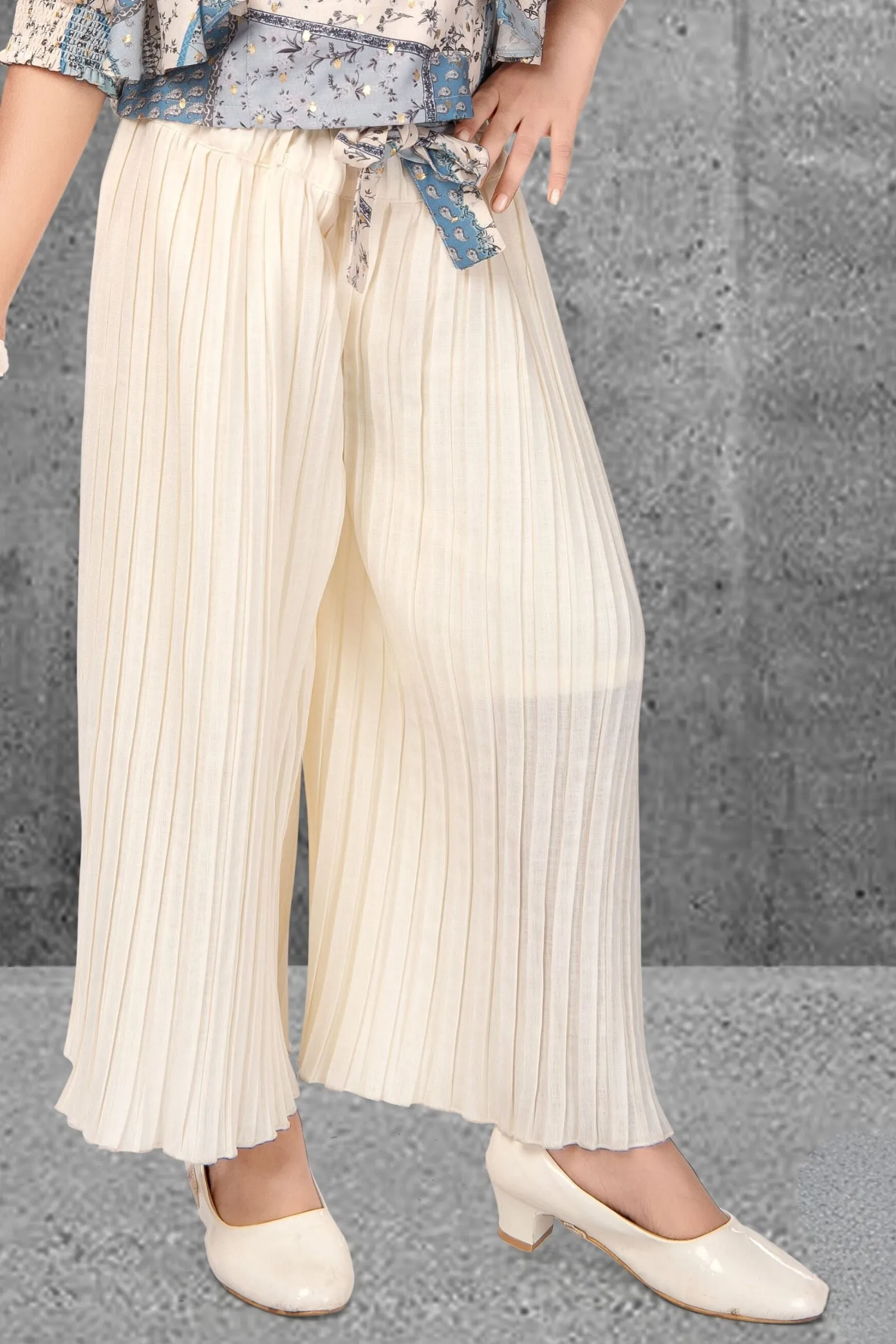 Cream with Blue  Printed Kaftan Top with Palazzo Set for Girls