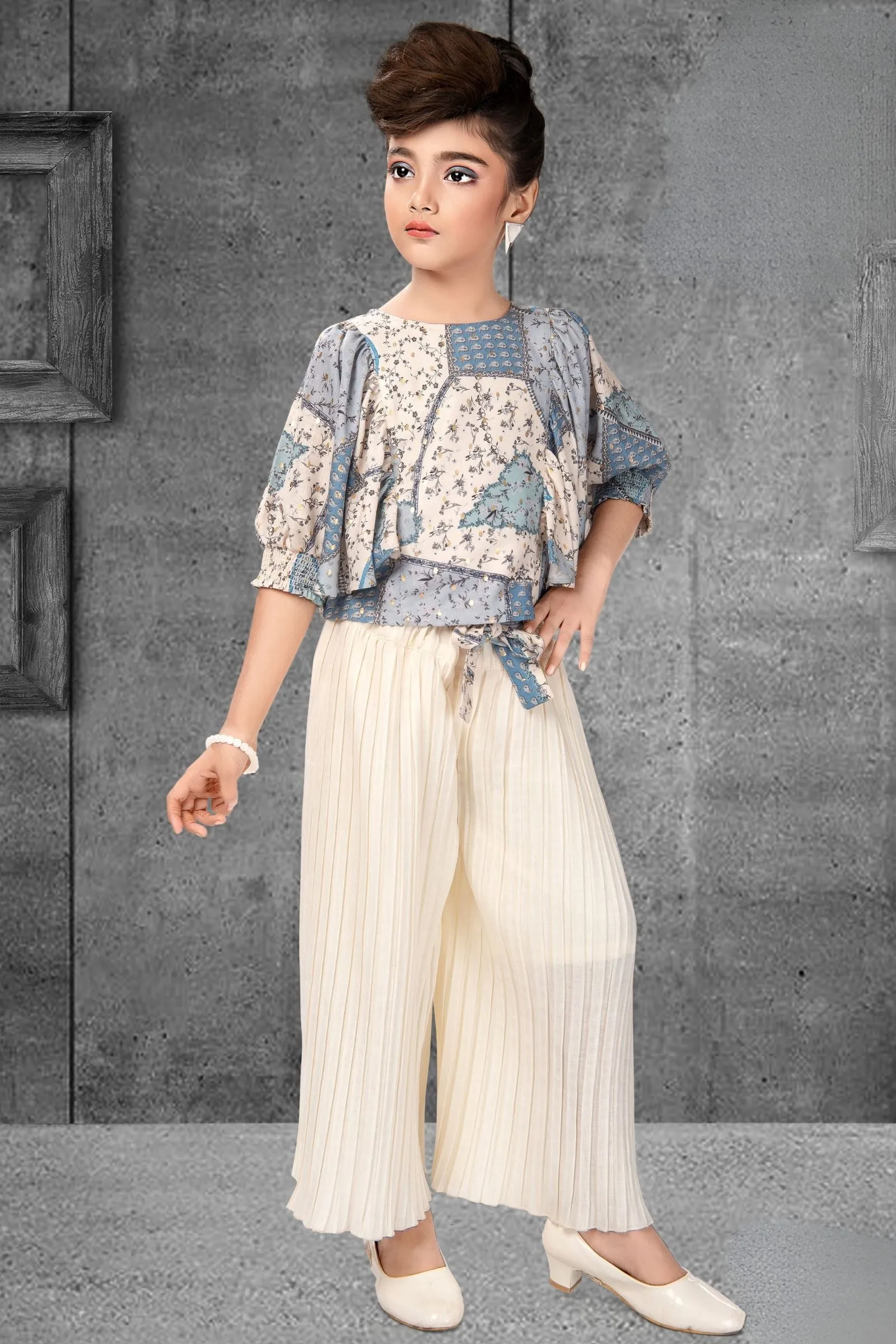 Cream with Blue  Printed Kaftan Top with Palazzo Set for Girls