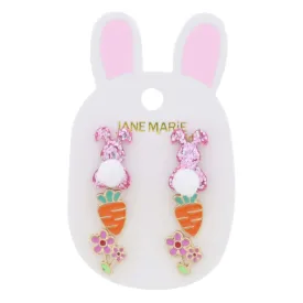 Kids Pink Bunny, Carrot, & Flowers Earrings Stud Set
