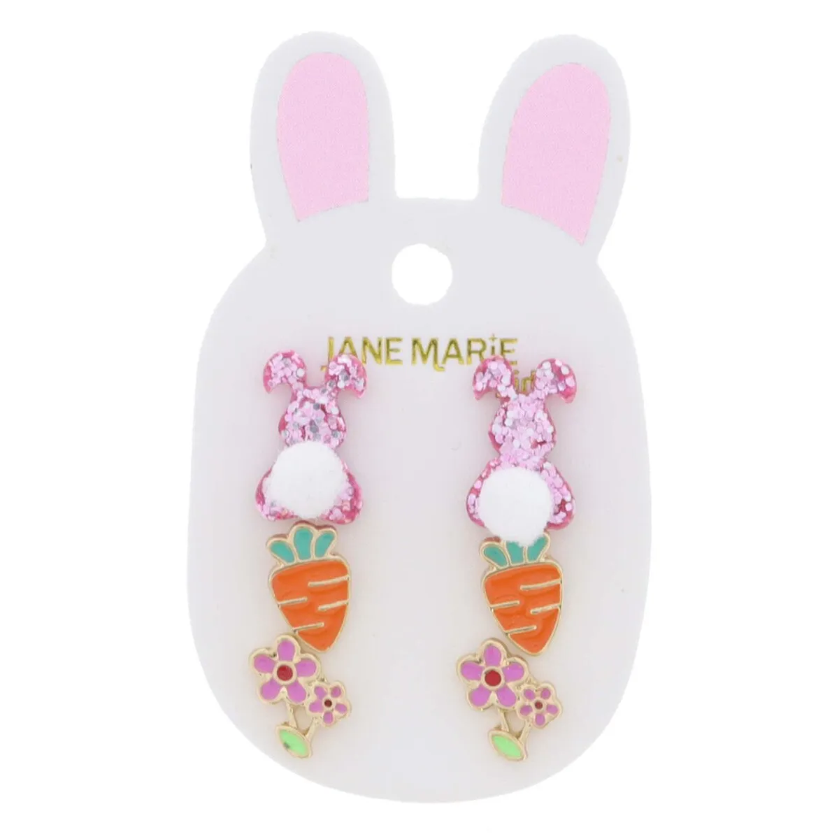 Kids Pink Bunny, Carrot, & Flowers Earrings Stud Set