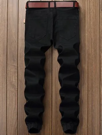 Mens Jeans • Black Jogger Style Jeans • Distressed with Zipper detail