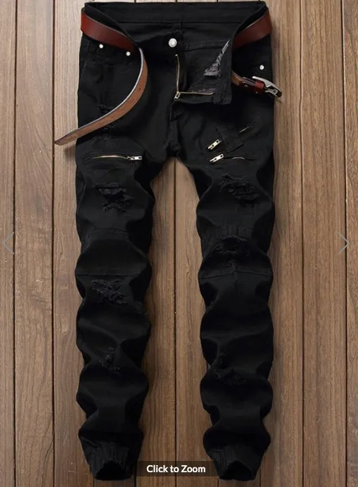 Mens Jeans • Black Jogger Style Jeans • Distressed with Zipper detail