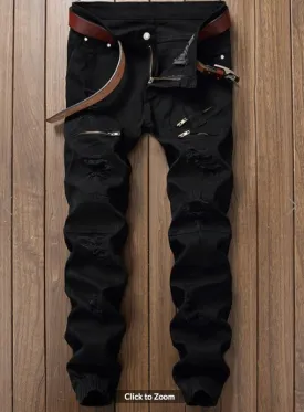 Mens Jeans • Black Jogger Style Jeans • Distressed with Zipper detail