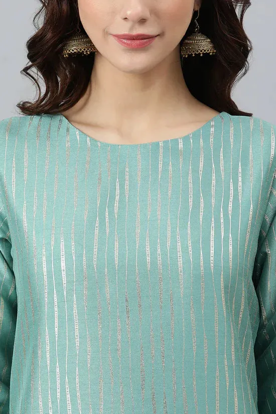 Poly Silk Green Striped Suit Set with Dupatta