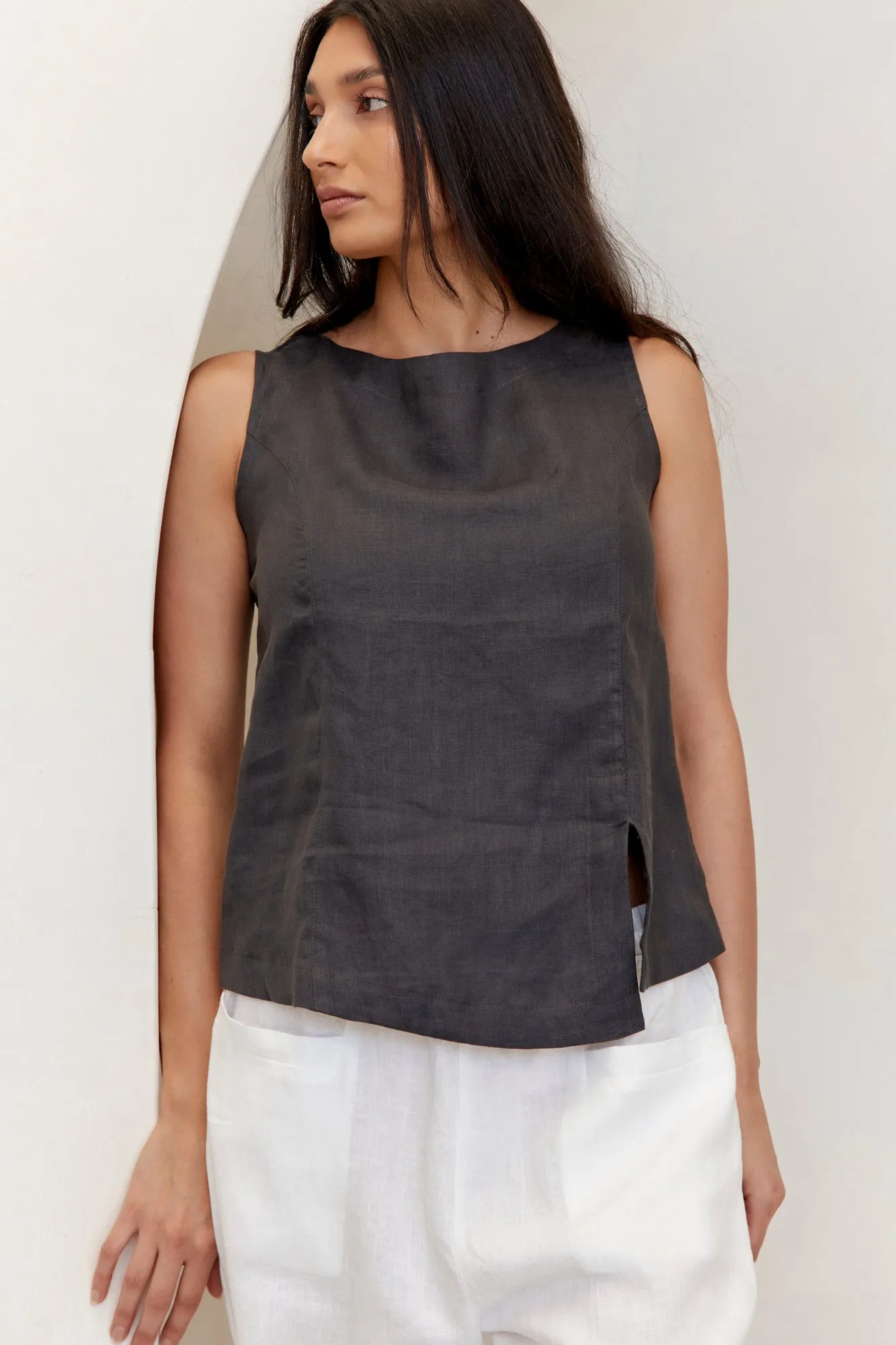 Shell Linen Top Charcoal